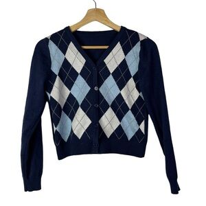 Boutique Navy Blue Argyle Diamond Button Down Cropped Cardigan Sweater XS